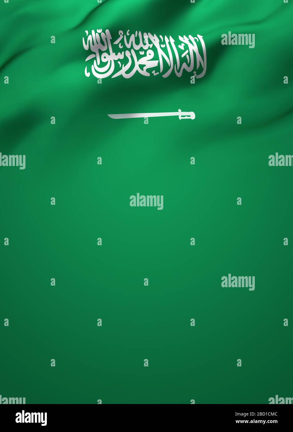 Flag of Saudi Arabia blowing in the wind, full page cover background. Brochure, flyer, poster, banner design template. Stock Photo