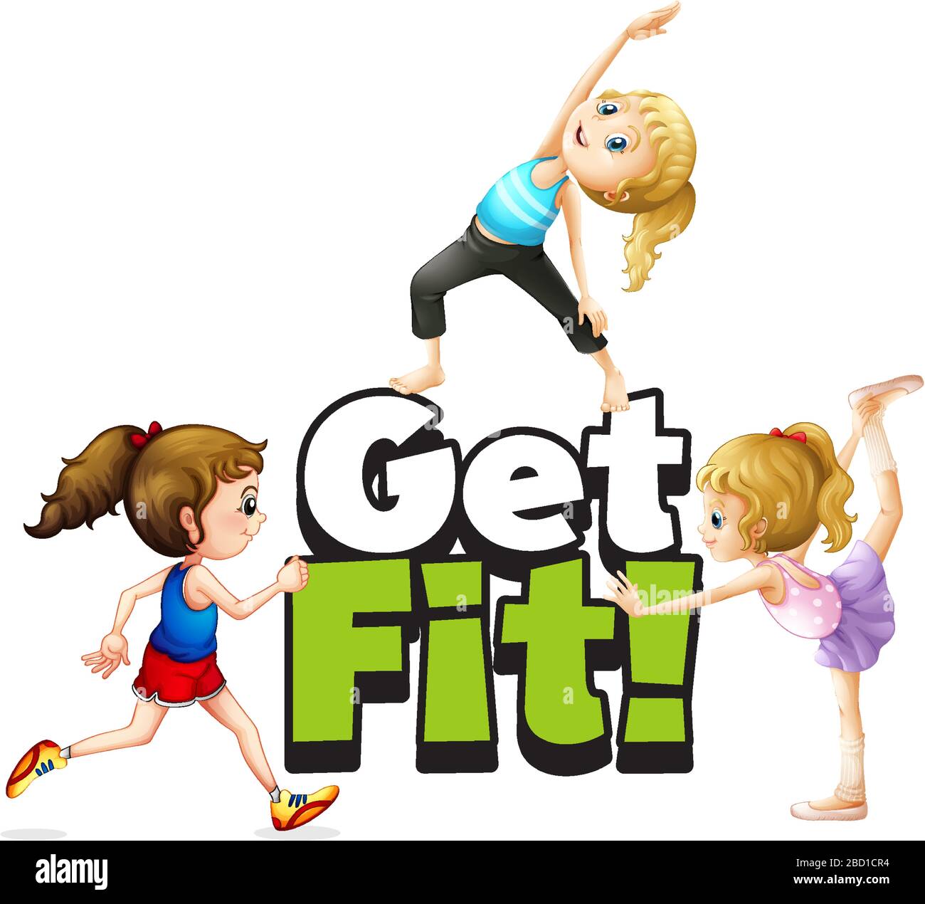 Font design for word get fit with kids doing exercise illustration