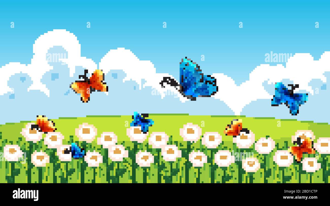 Nature scene background with butterflies flying in garden illustration ...