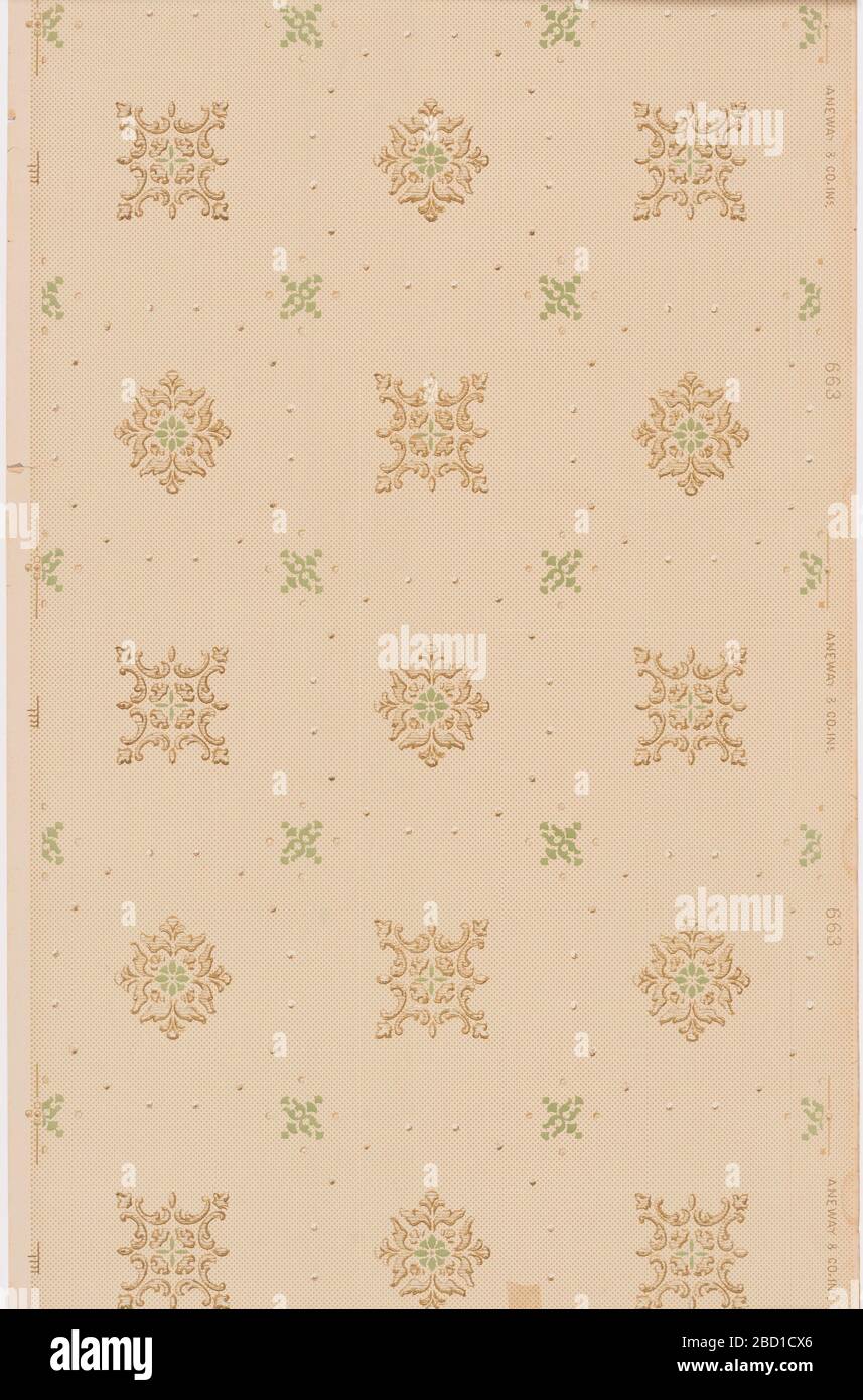Ceiling paper. Research in ProgressAlternating square and diamond shape foliate medallions are surrounded by borders of pearl-like dots and interspersed with small, light green decorations. Larger pattern is printed over an allover grid of small dots. Ceiling paper Stock Photo