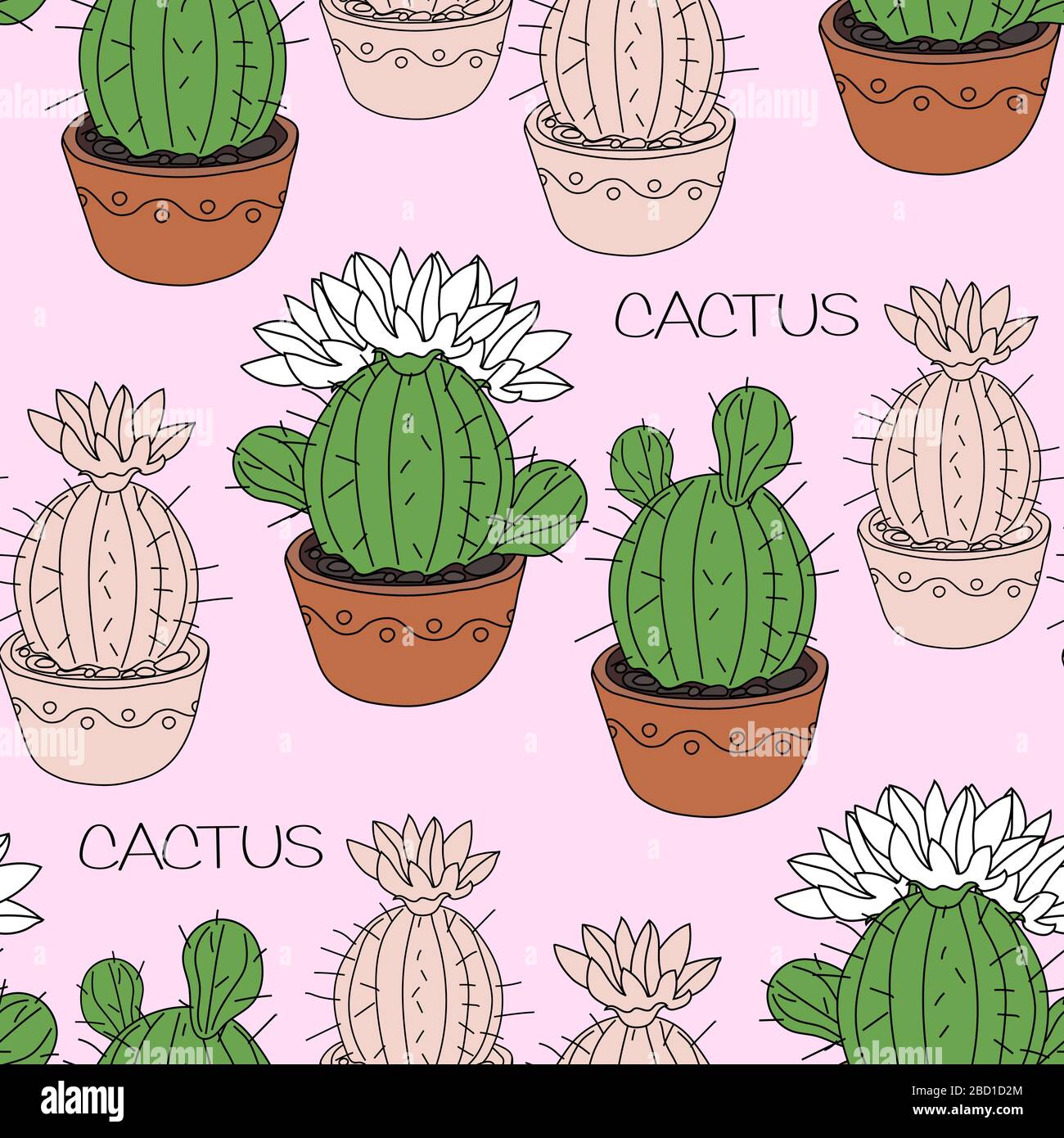 Seamless pattern with cactus and succulents in the pots. Hand drawn ...