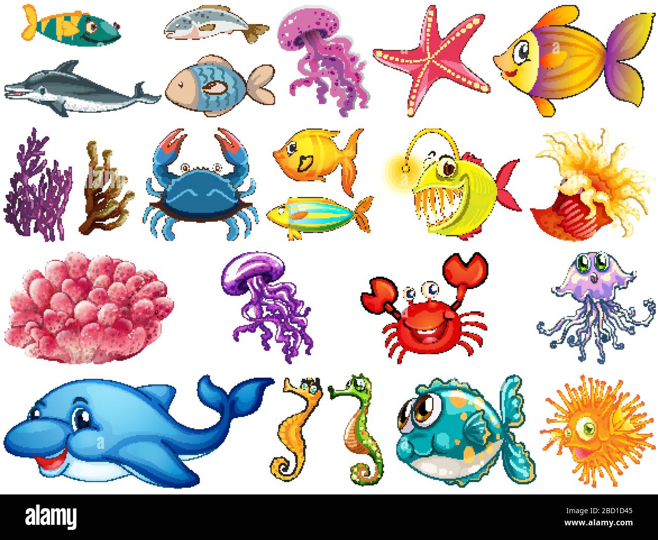 Large set of sea creatures on white background illustration Stock ...