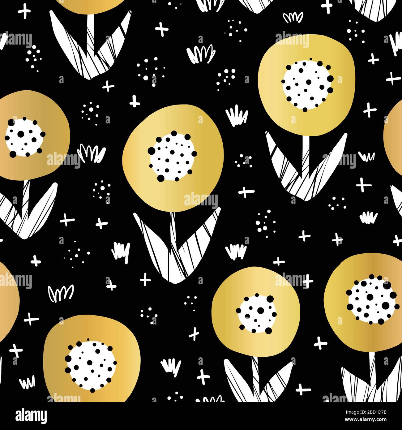 Seamless gold foil flowers vector pattern. Metallic shiny golden ...