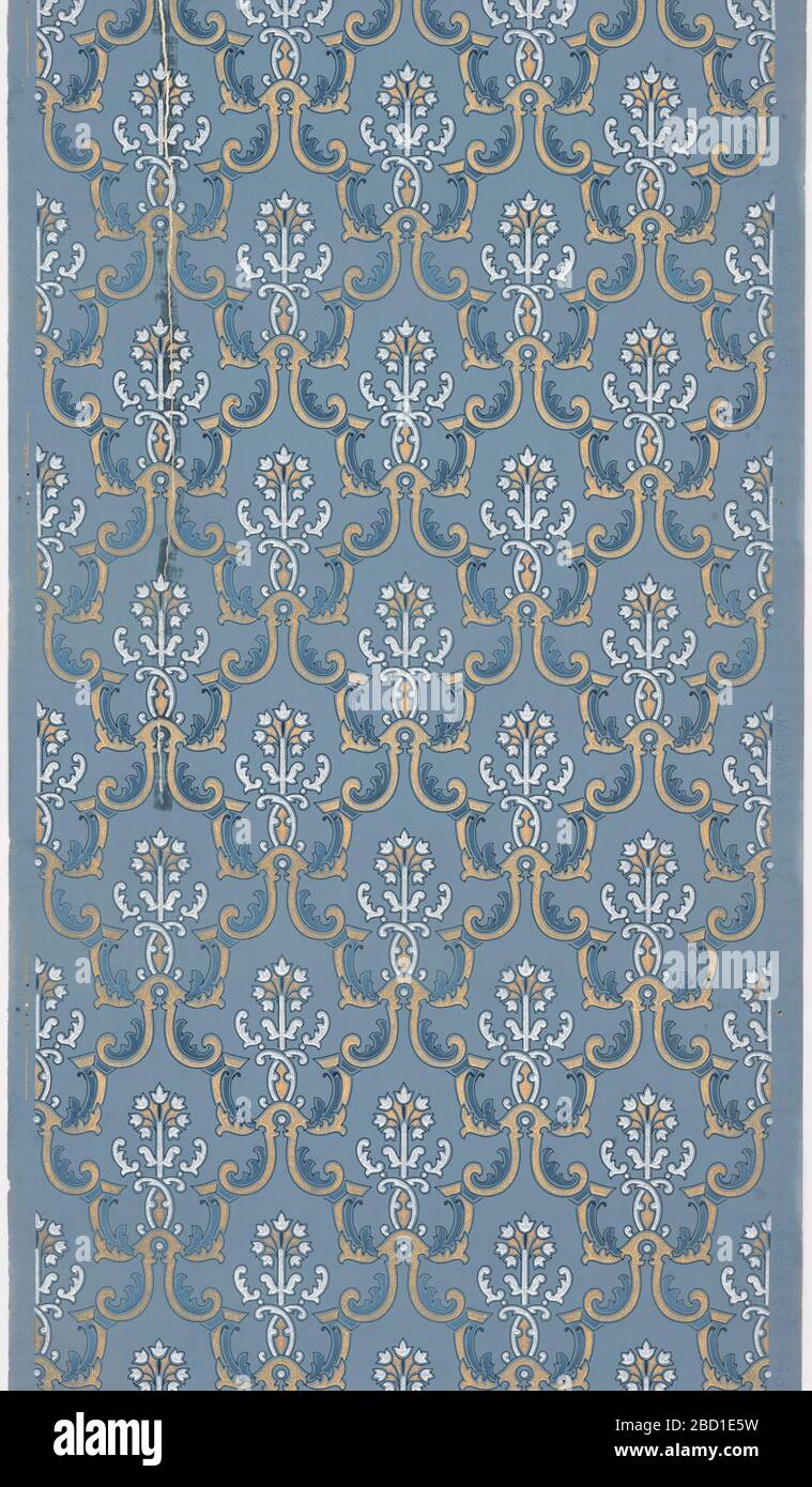 Sidewall. Research in ProgressVery dense pattern of foliate medallions. The medallions form a fish-scale or diaper design. Printed in blue, white and metallic gold on blue ground. Sidewall Stock Photo