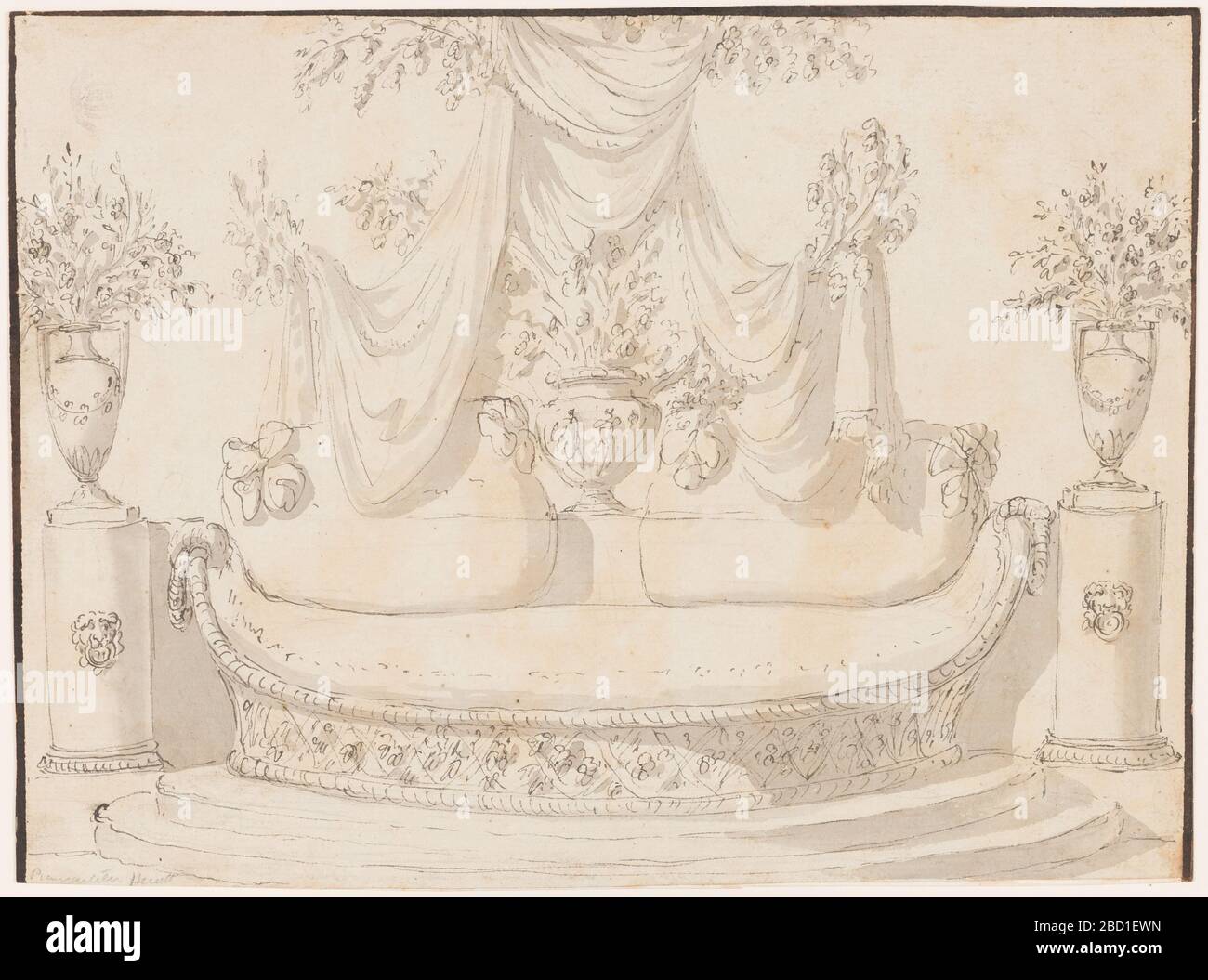 Sofa. Research in ProgressElevation of a boat-shaped sofa with a woven base, standing on a stepped platform. On either side is a column decorated with lion mask, supporting a vase with floral sprays. Two cushions on the sofa, each with a bow. Sofa Stock Photo