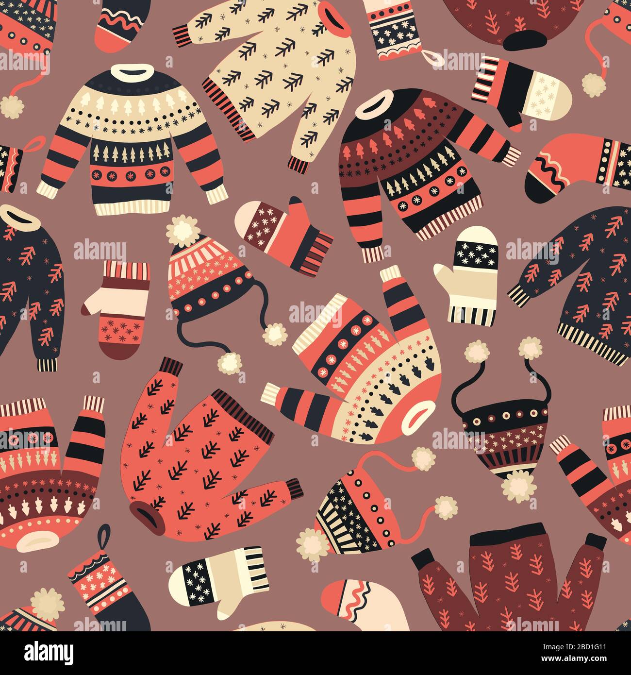 Warm knitted Winter wear seamless vector pattern. Ugly sweaters. Funny Christmas design in Scandinavian style.  Stock Vector