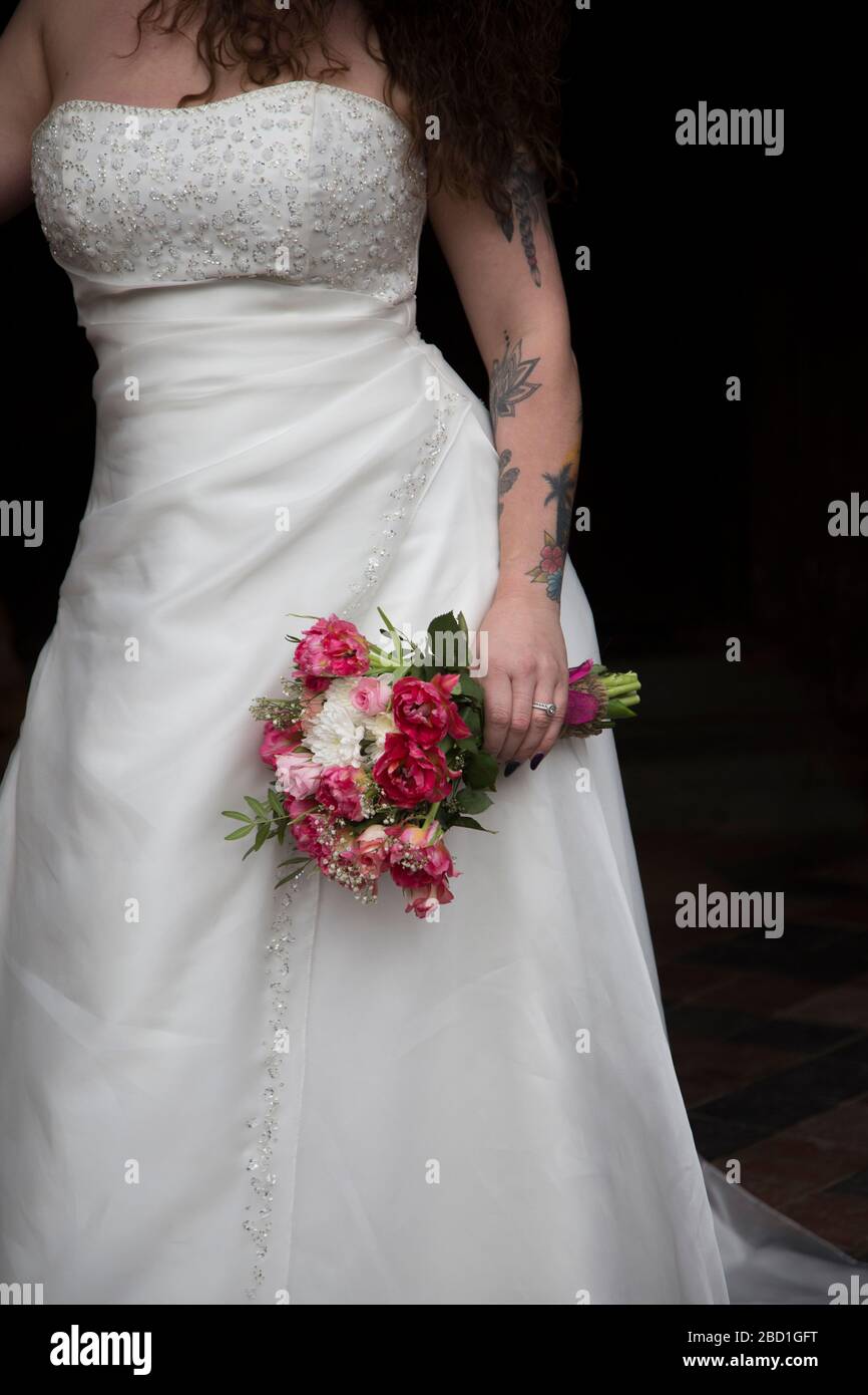 Bride close up holding bouquet Stock Photo