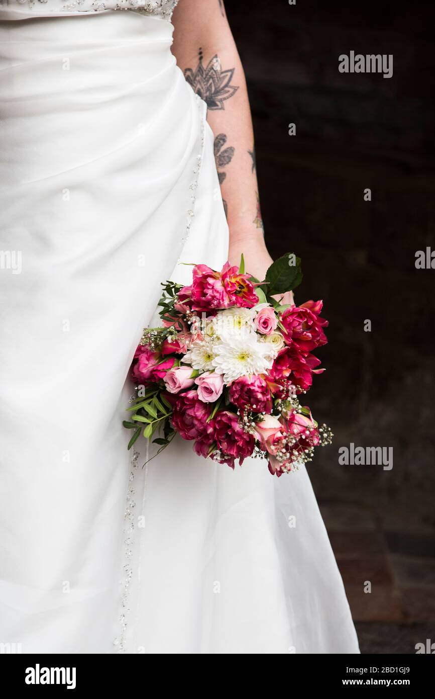 Bride close up holding bouquet Stock Photo