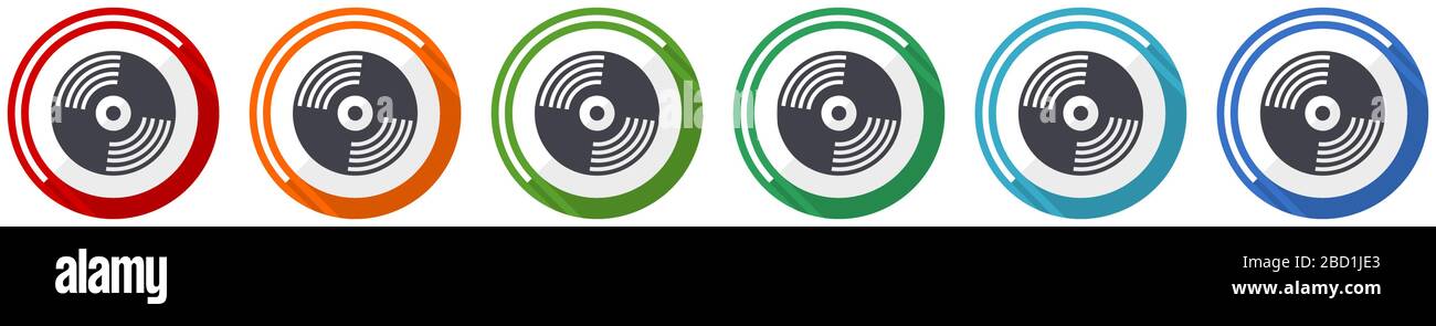 Vinyl music icon set, flat design vector illustration in 6 colors ...