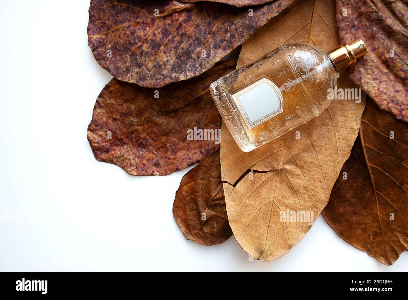 Ornate glass perfume bottle on heap of dry bronze leaves Stock Photo