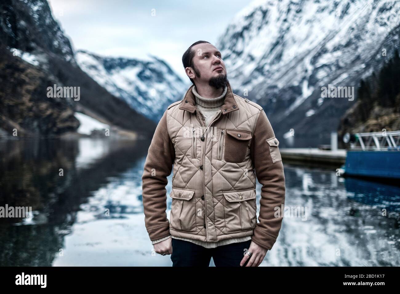 Man near Naeroyfjord in Gudvangen village, Norway Stock Photo