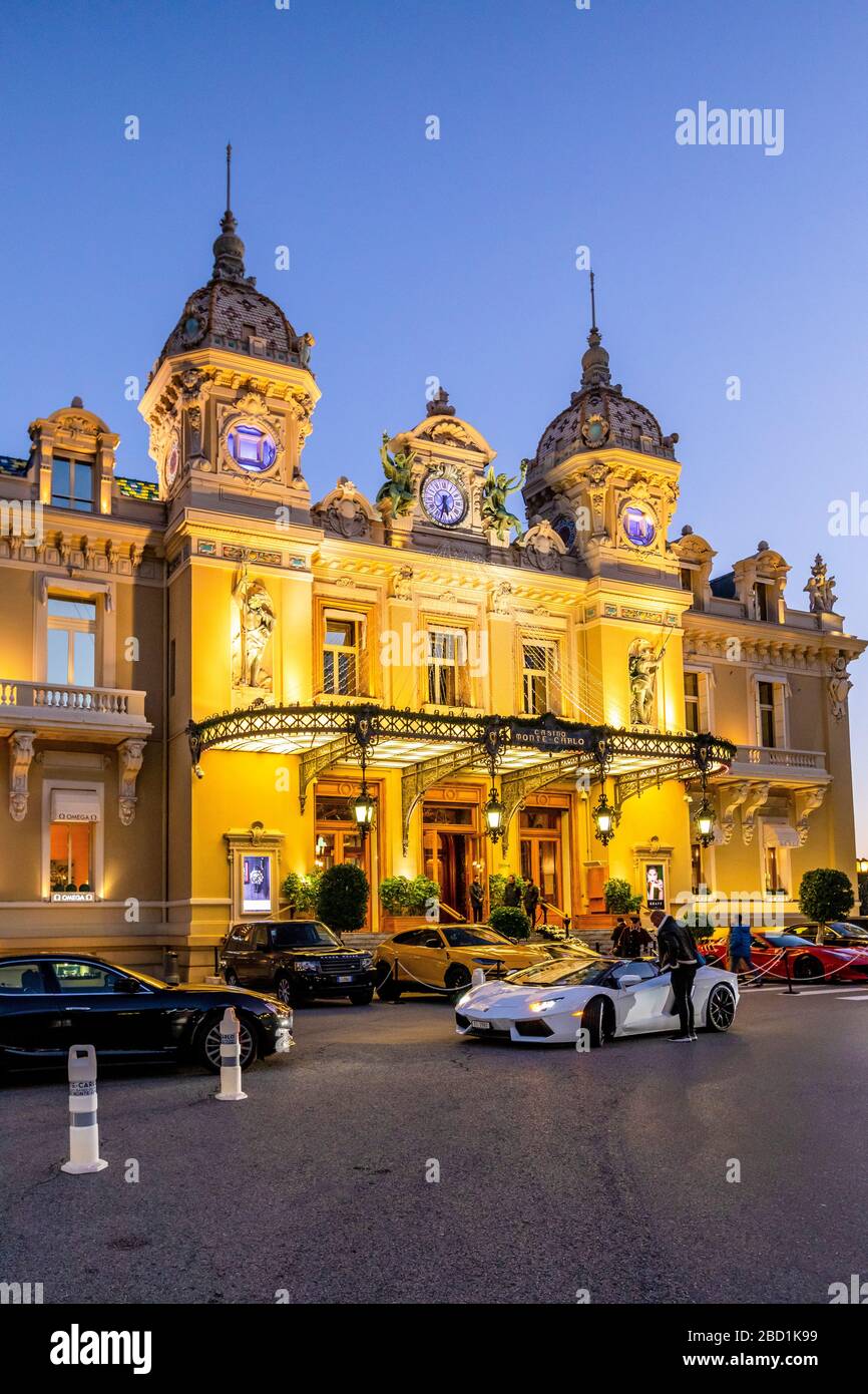 Monte Carlo Casino at dusk, Monte Carlo, Monaco, Mediterranean, Europe Stock Photo