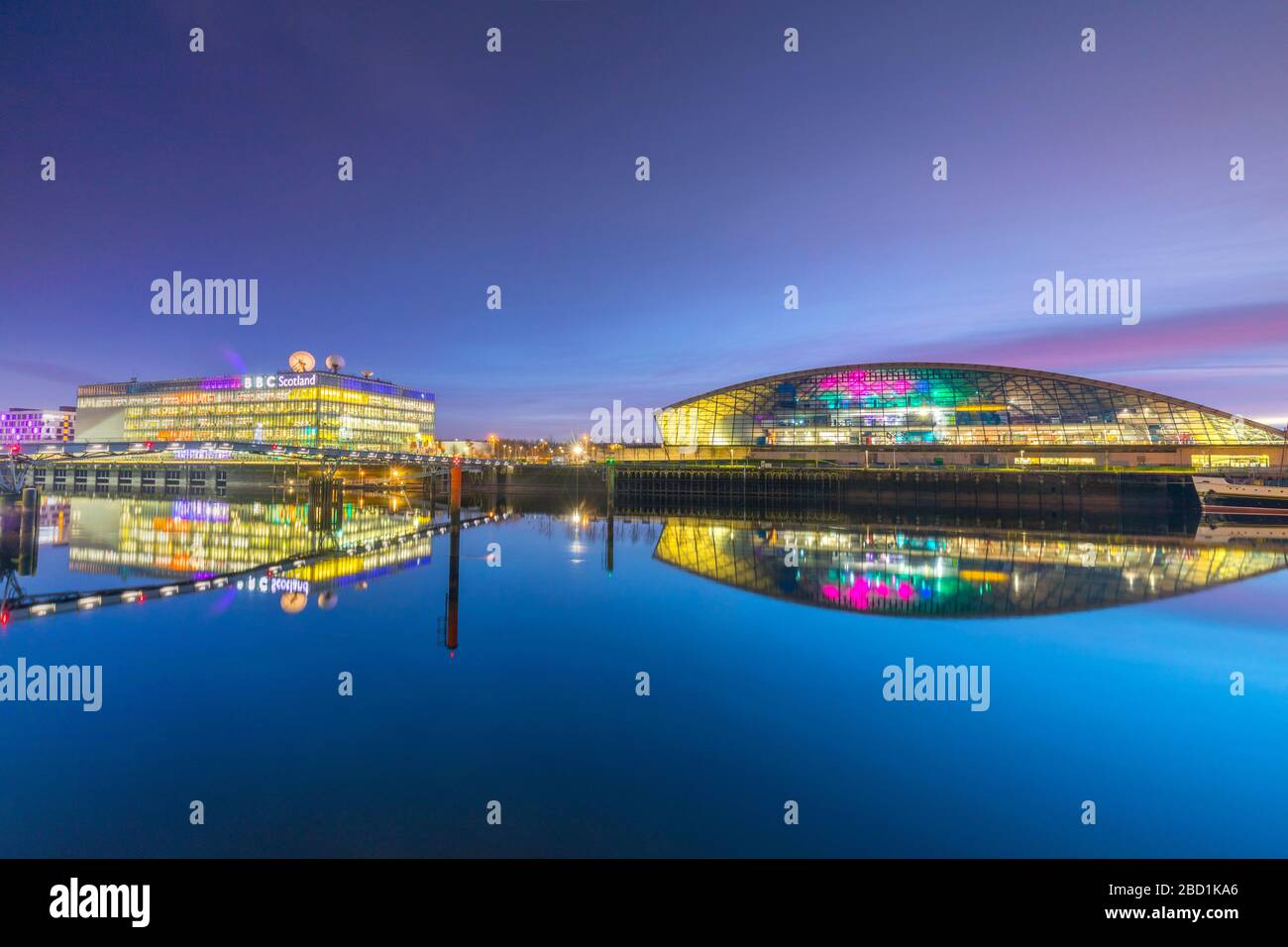 BBC Scotland Headquarters and The Science Museum at dusk, River Clyde, Glasgow, Scotland, United Kingdom, Europe Stock Photo