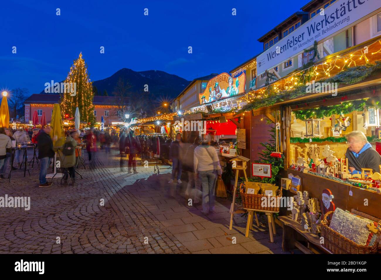 View of Christmas market at dusk, Garmisch-Partenkirchen, Bavaria
