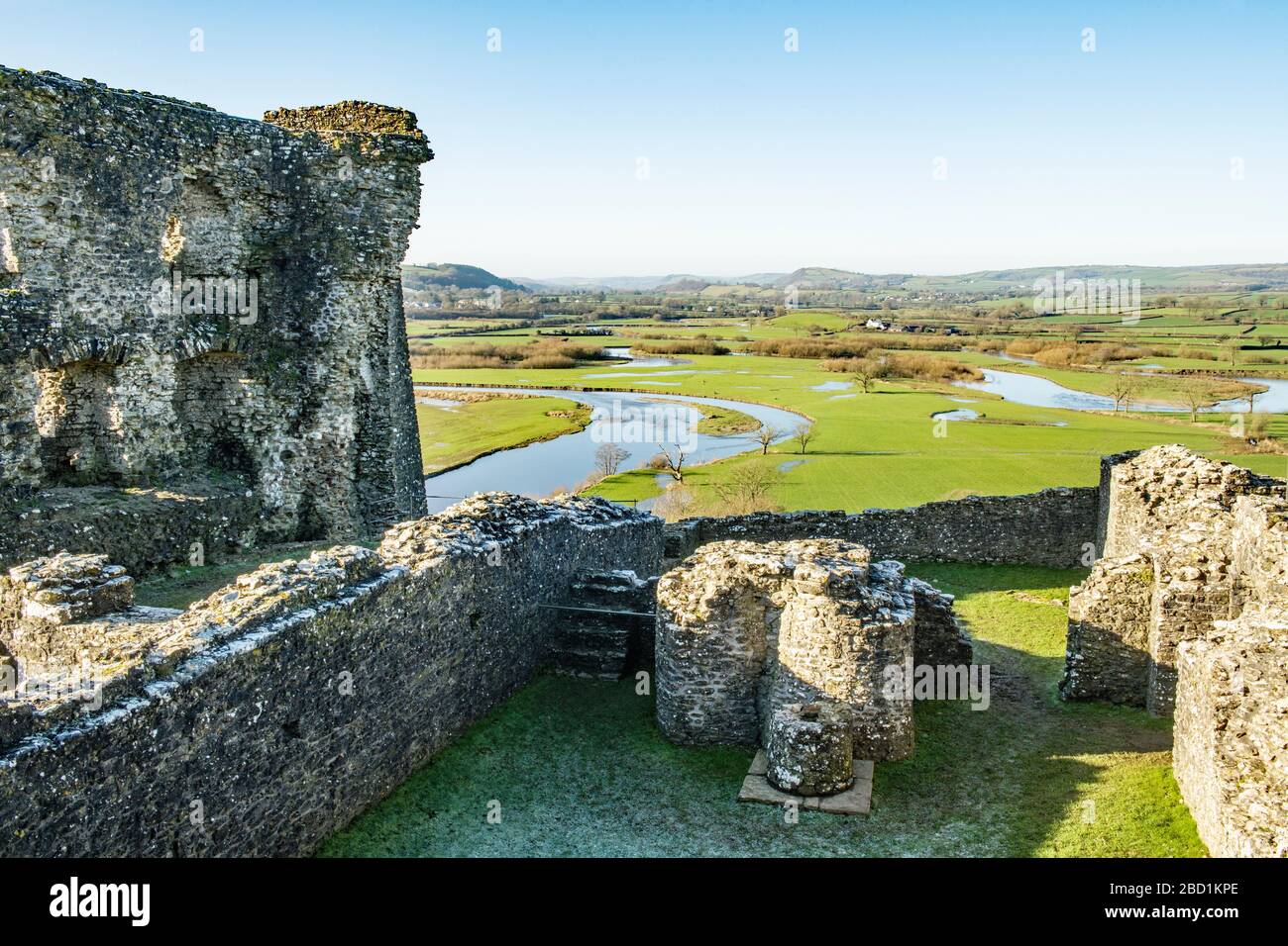 The view south down the Tywi Valley from Dryslwyn Castle in Carmarthenshire. Taken on a sunny day in January Stock Photo