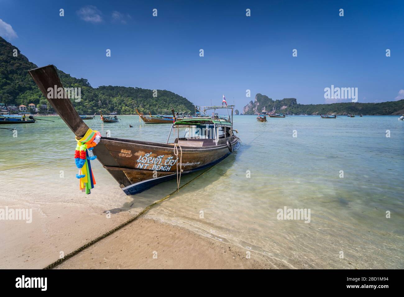 Maya Bay with long-tail boats, Phi Phi Lay Island, Krabi Province, Thailand, Southeast Asia, Asia Stock Photo