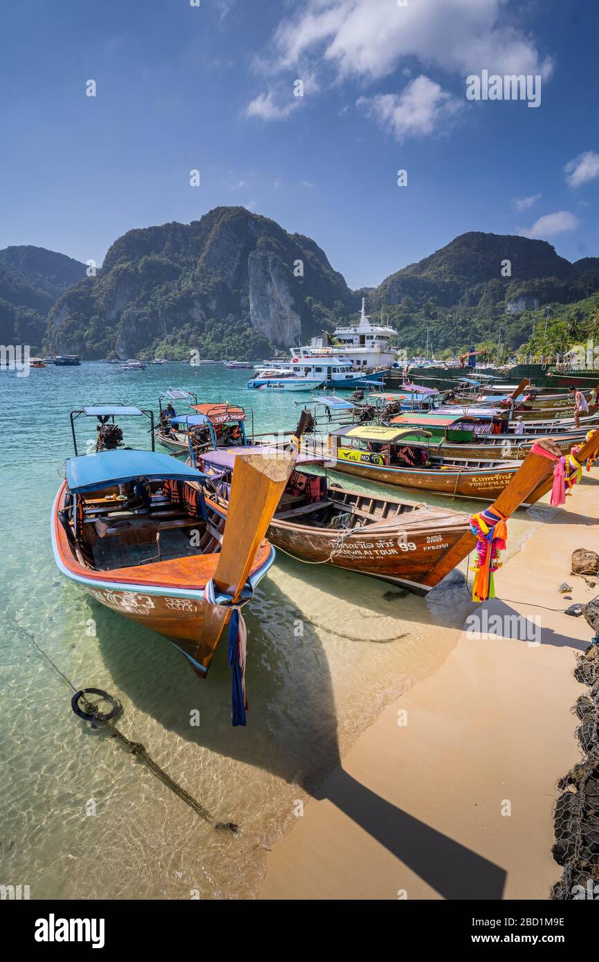 Maya Bay with long-tail boats, Phi Phi Lay Island, Krabi Province, Thailand, Southeast Asia, Asia Stock Photo