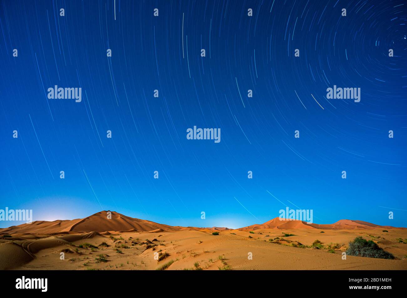Star trails in the Sahara Desert, Morocco, North Africa, Africa Stock Photo