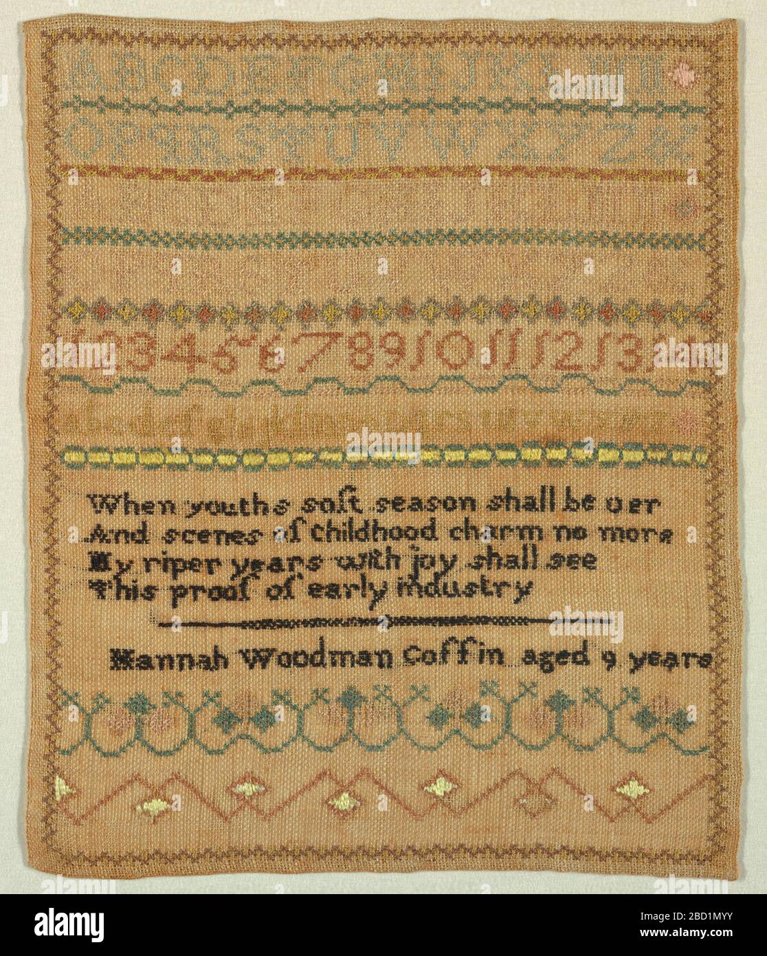 Sampler. Research in ProgressBands of alphabets and numerals separated by narrow geometric cross borders, a verse and inscription, in colored silks on tan linen.The verse reads:When youths soft season shall be oerAnd scenes of childhood charm no moreMy riper years with joy shall seeThis p Sampler Stock Photo