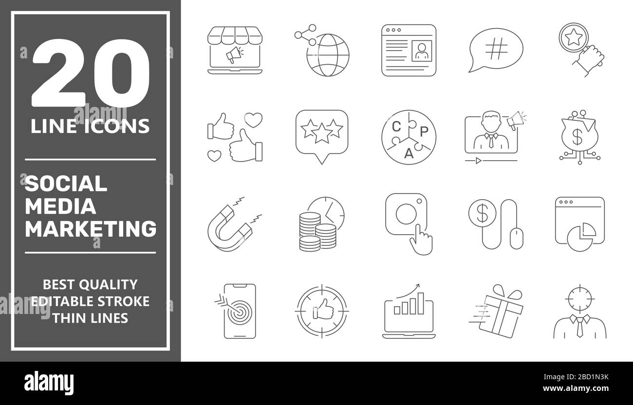 SMM icons set collection. Includes simple elements such as Content, Video Marketing, Copywriting, Ad Targeting, Audience Marketing, Blogging and Stock Vector