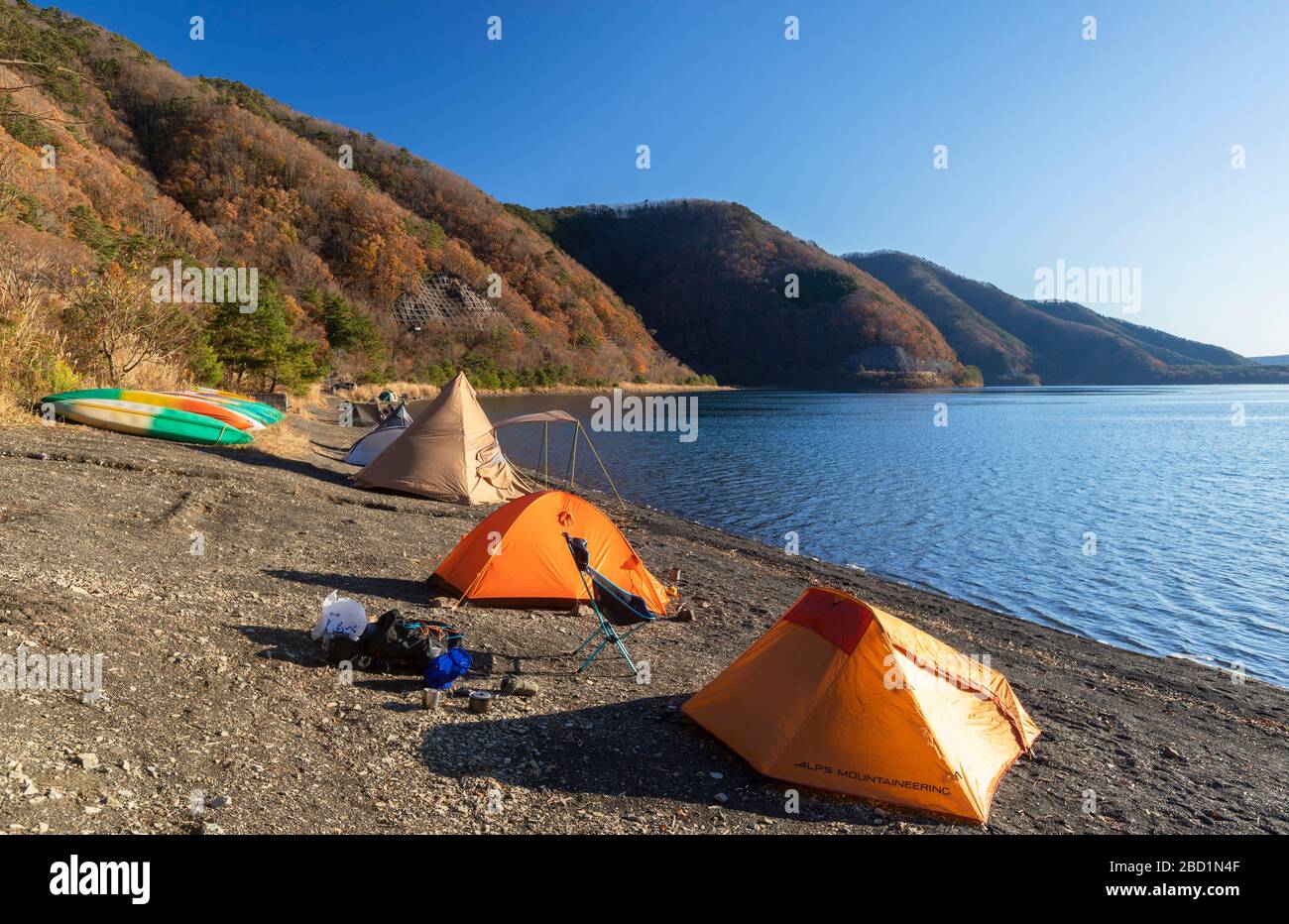 People camping next to Lake Motosu, Yamanashi Prefecture, Honshu, Japan, Asia Stock Photo