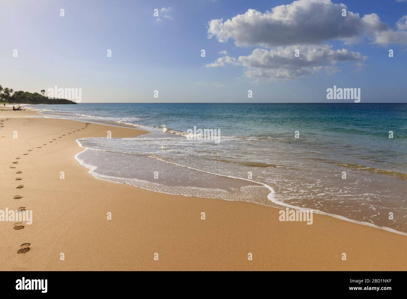 Tropical Anse de la Perle beach, sunbather, golden sand, footprints, Death In Paradise location, Deshaies, Guadeloupe, Leeward Islands, Caribbean Stock Photo