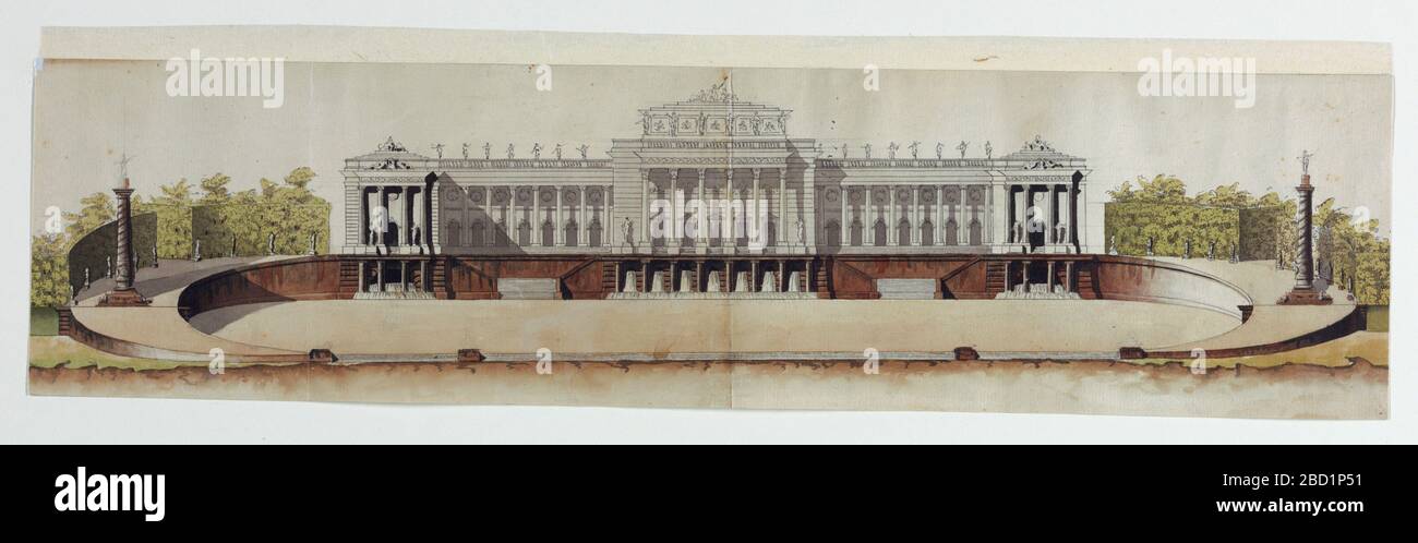 Elevation of the Garden Facade of a Public Building. Central section and two  wings ending with pavilions. The basement includes two staircases and three  fountain sections. The terrace before the villa is