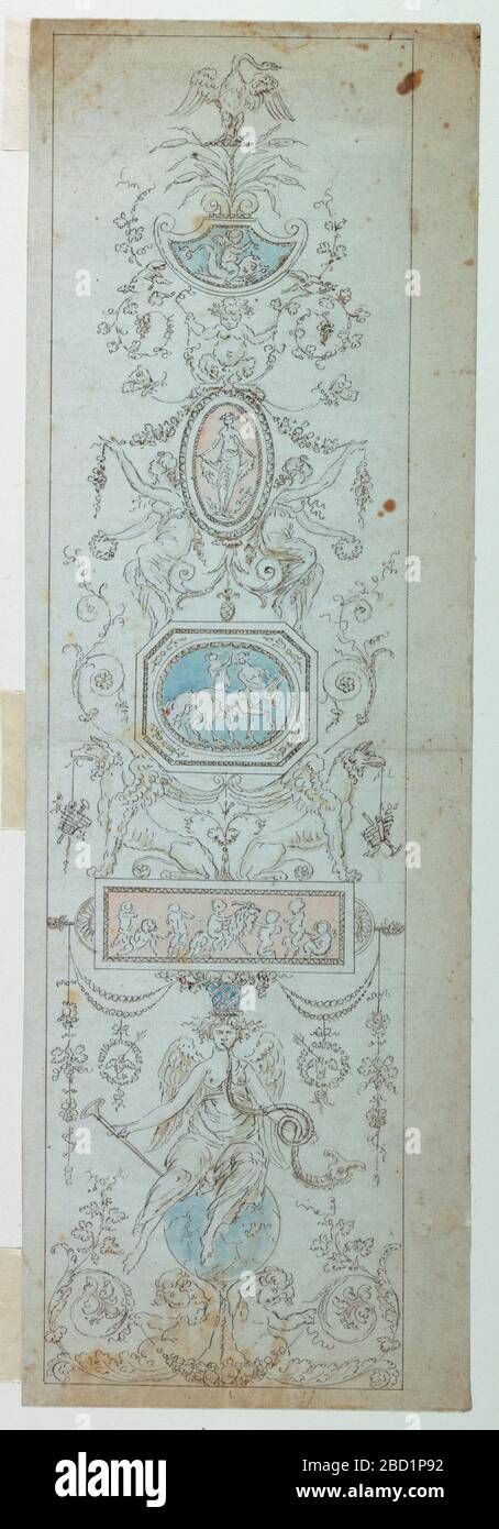 Design for a Panel. Research in ProgressVertical panel with candelabrum motif. At center is a blue oval with centaurs, within an octagonal frame. At top, a swan. Design for a Panel Stock Photo