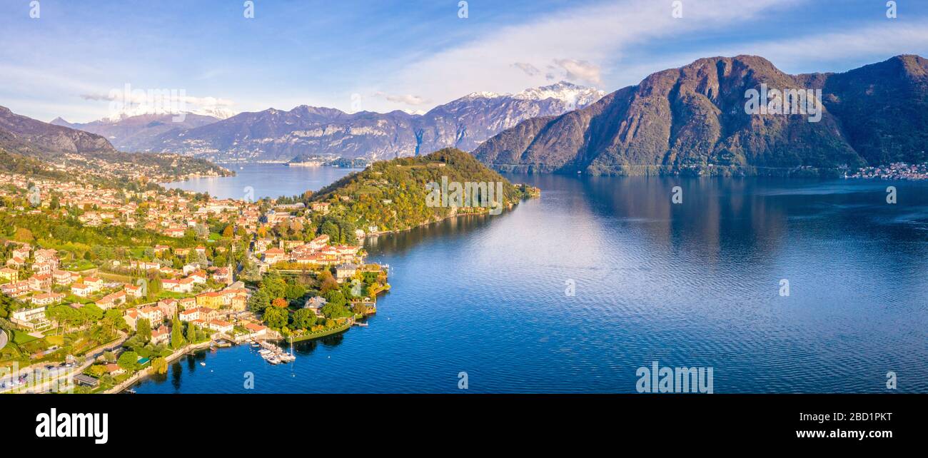 Aerial view of Tremezzina villages in autumn, Lake Como, Lombardy, Italian Lakes, Italy, Europe Stock Photo