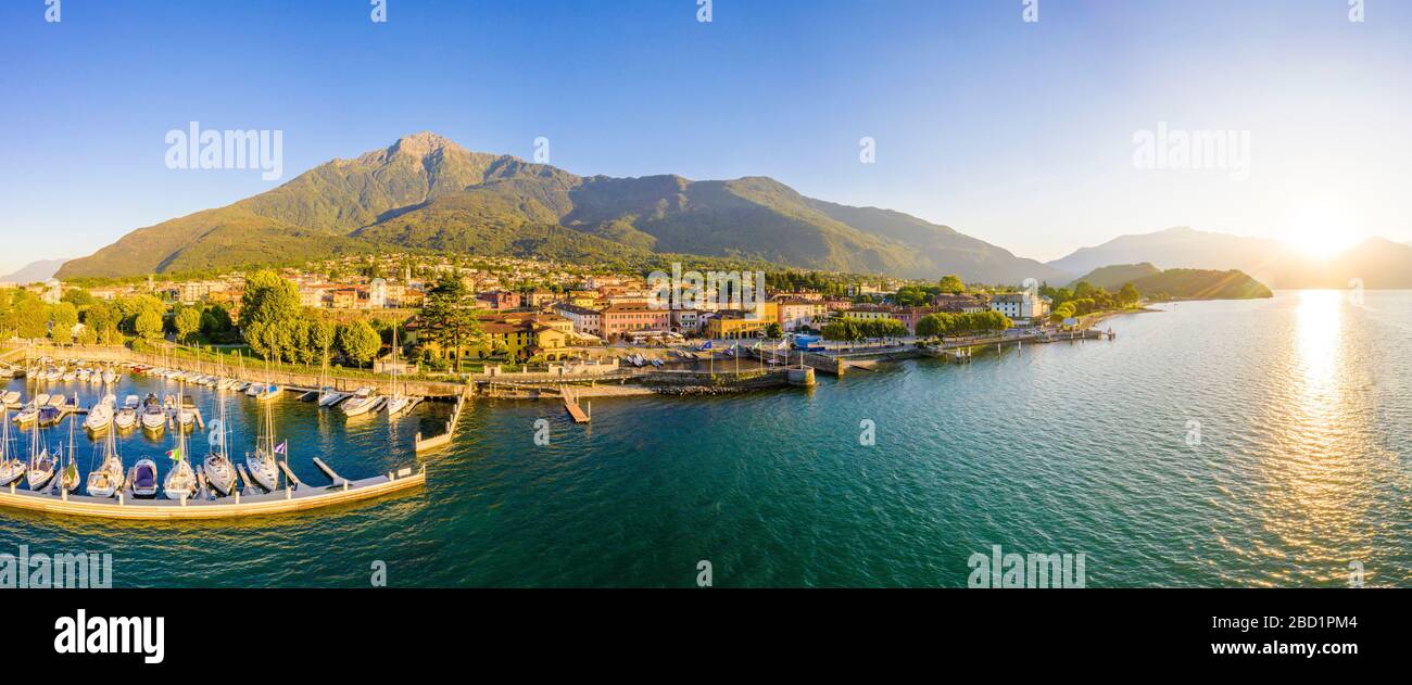 Panoramic aerial view of Colico village at sunset, Lake Como, Lombardy ...