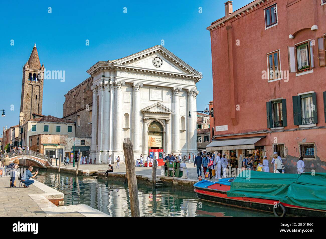 Campanile San Barnaba behind the Chiesa San Barnaba a neo classical church in the Dorsoduro district of Venice,Italy Stock Photo