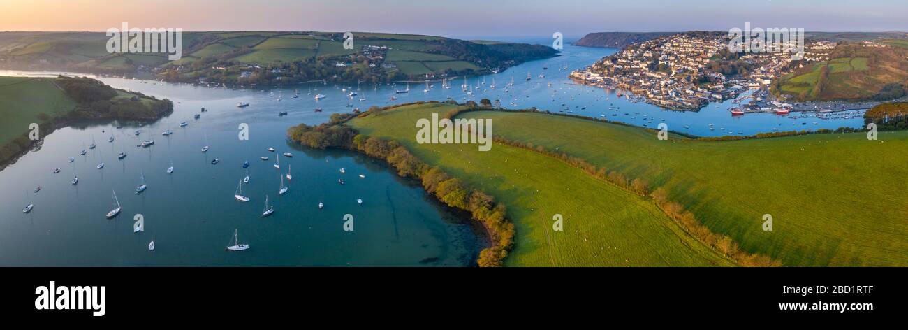 Aerial view by drone of Kingsbridge Estuary and Salcombe in Devon, England, United Kingdom, Europe Stock Photo