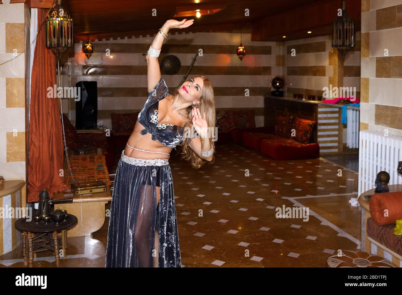 Beirut, Lebanon - May 30, 2017: Graceful mature woman of Lebanese origin  performing traditional belly dance in the indoors Stock Photo - Alamy, image size:1300x956