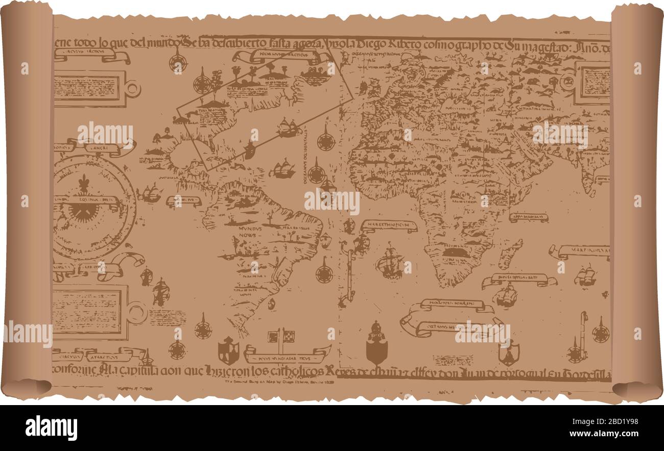 Old world map on the vintage scroll paper. flat vector illustration. Stock Vector