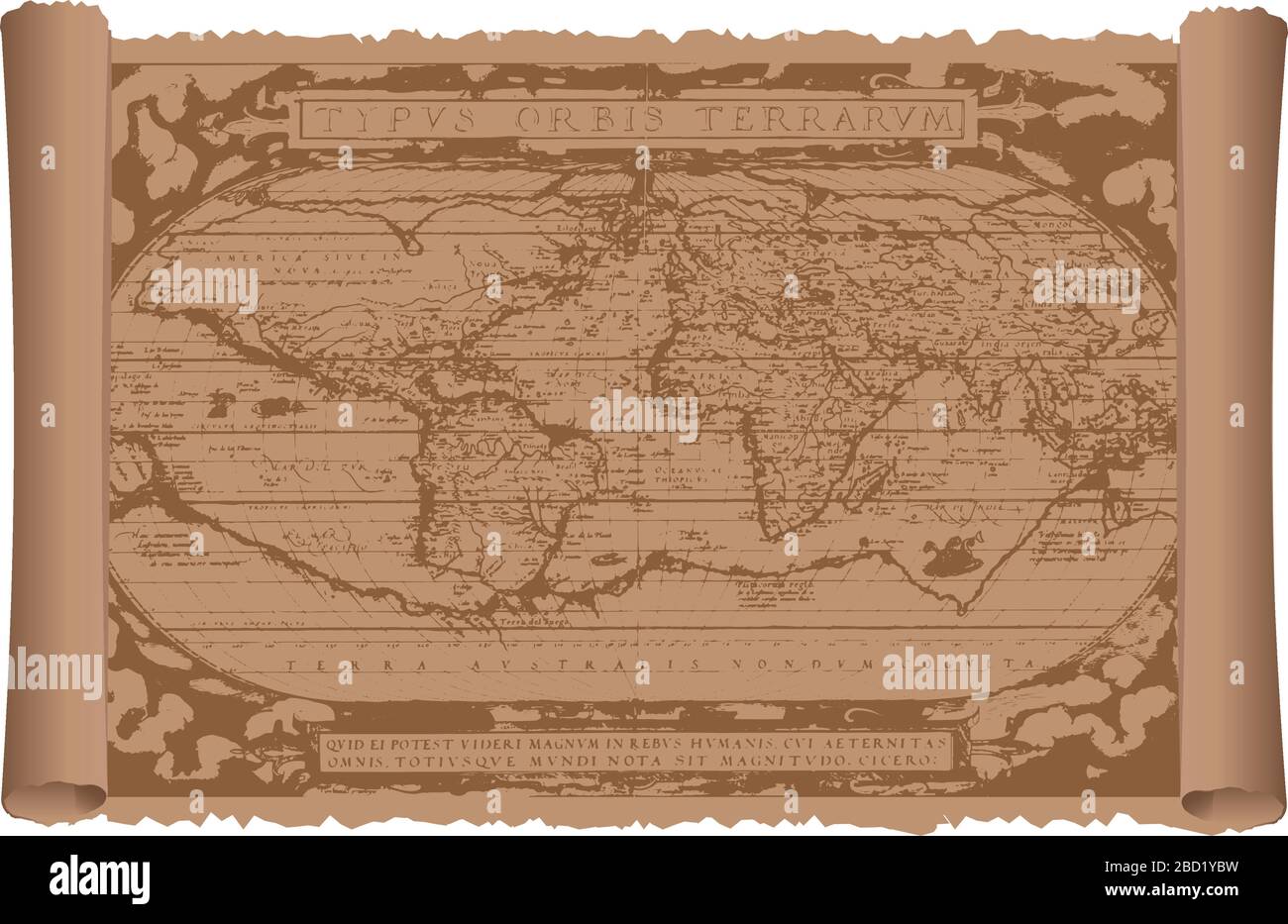 Old world map on the vintage scroll paper. flat vector illustration. Stock Vector
