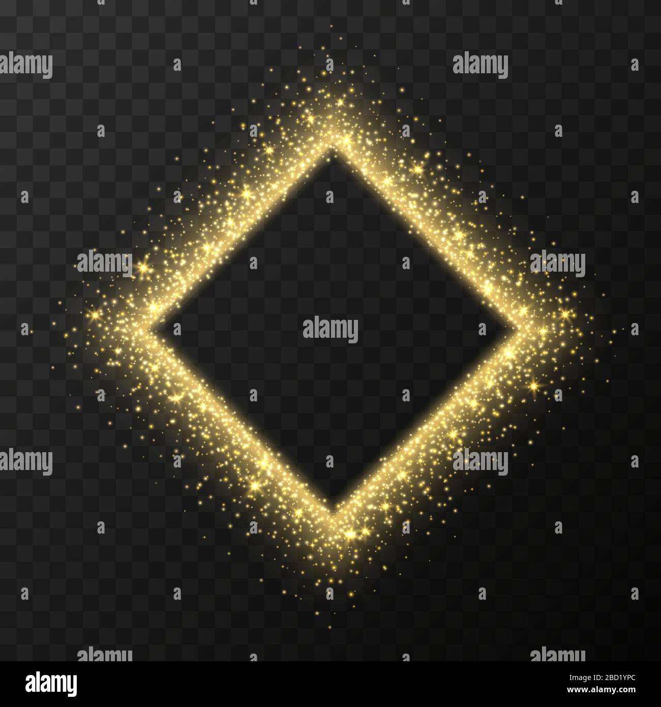 Golden rhombus frame with sparkles and flares, abstract luminous particles, yellow stardust light effect Stock Vector
