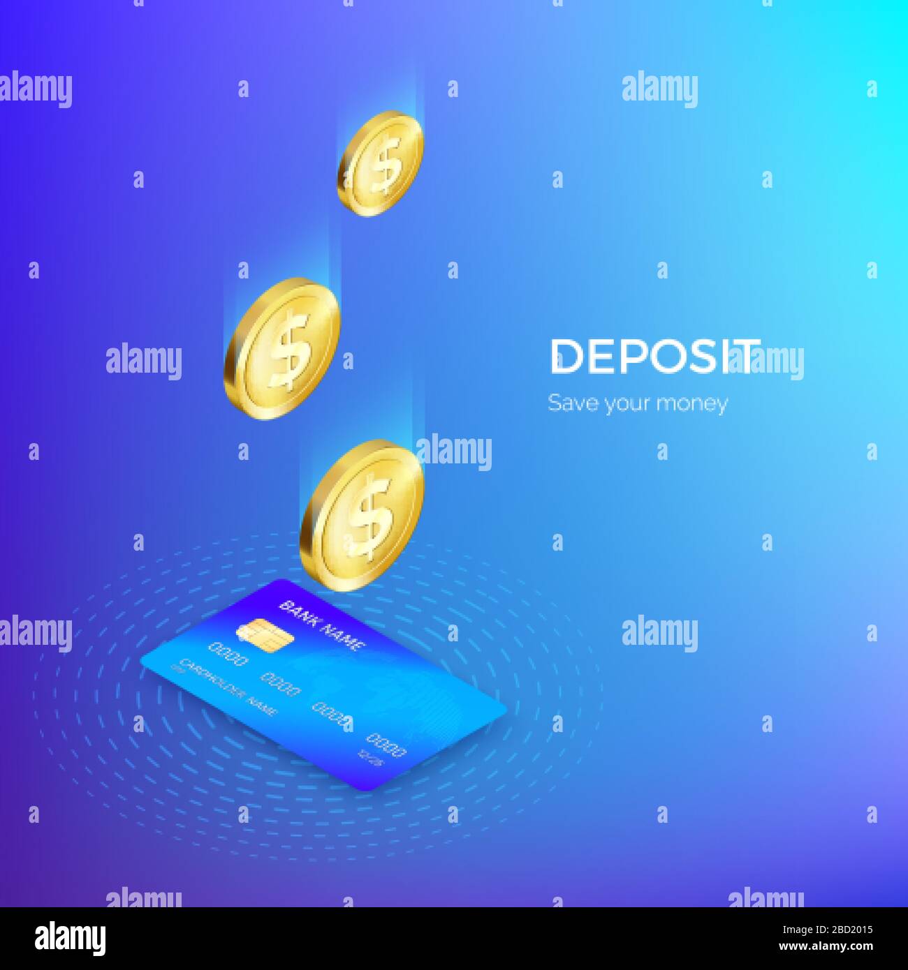 Coin drops into credit card isometric banner. Banking or payment service. Deposit replenishment and saving money. Vector illustration in blue color Stock Vector