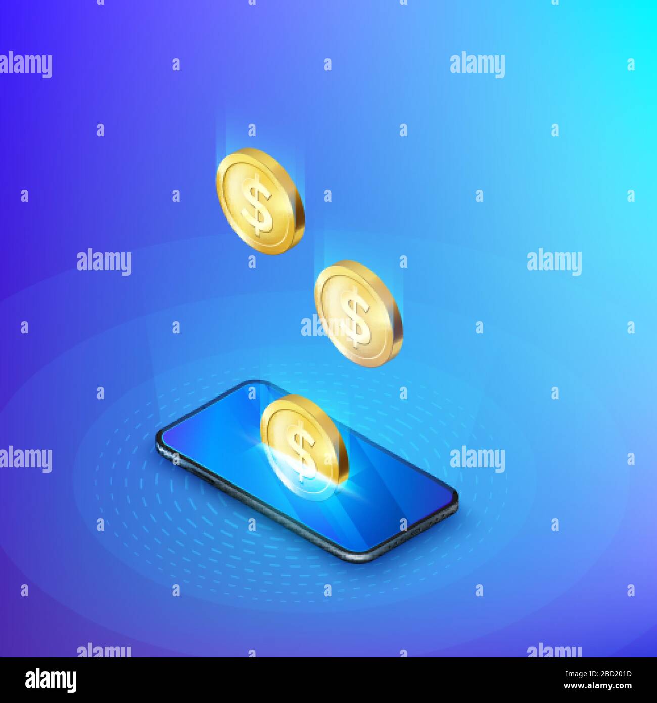 Coin drops into mobile phone isometric banner. Online banking or payment service. Deposit replenishment and saving money. Vector illustration Stock Vector
