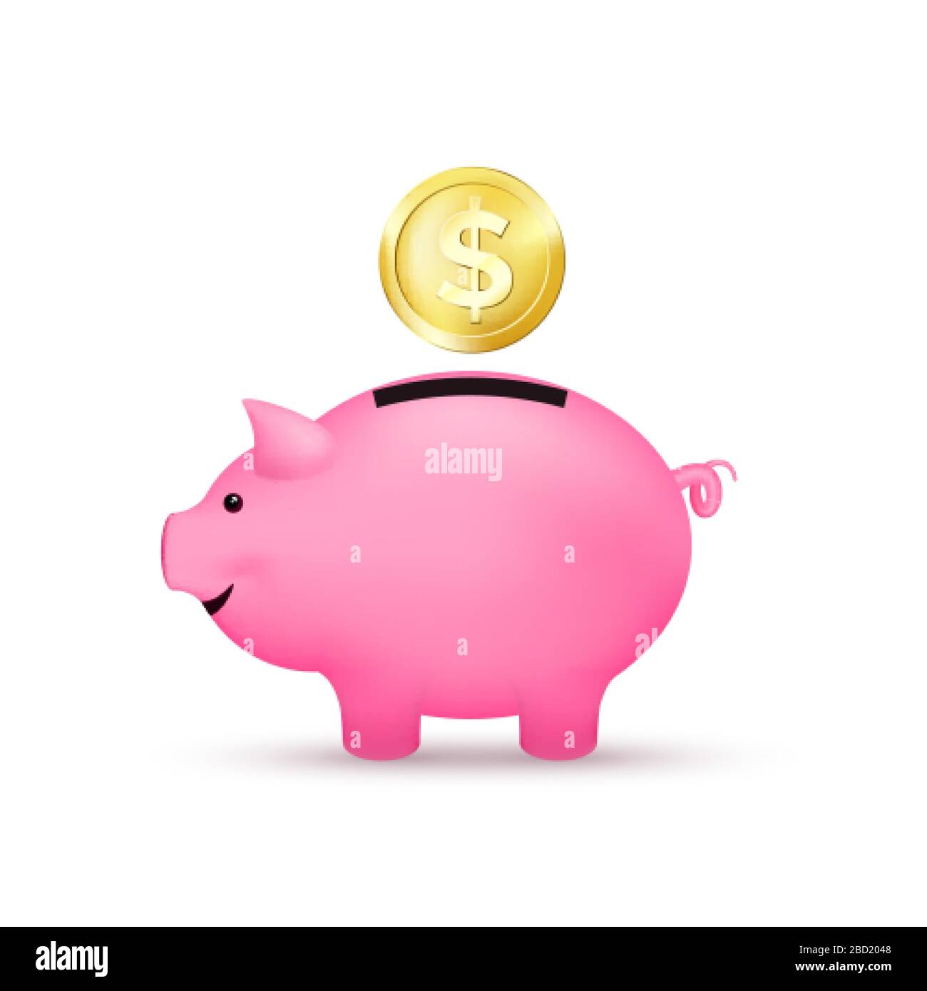 Pink piggy bank and falling golden coin. Saving money concept. Vector illustration Stock Vector