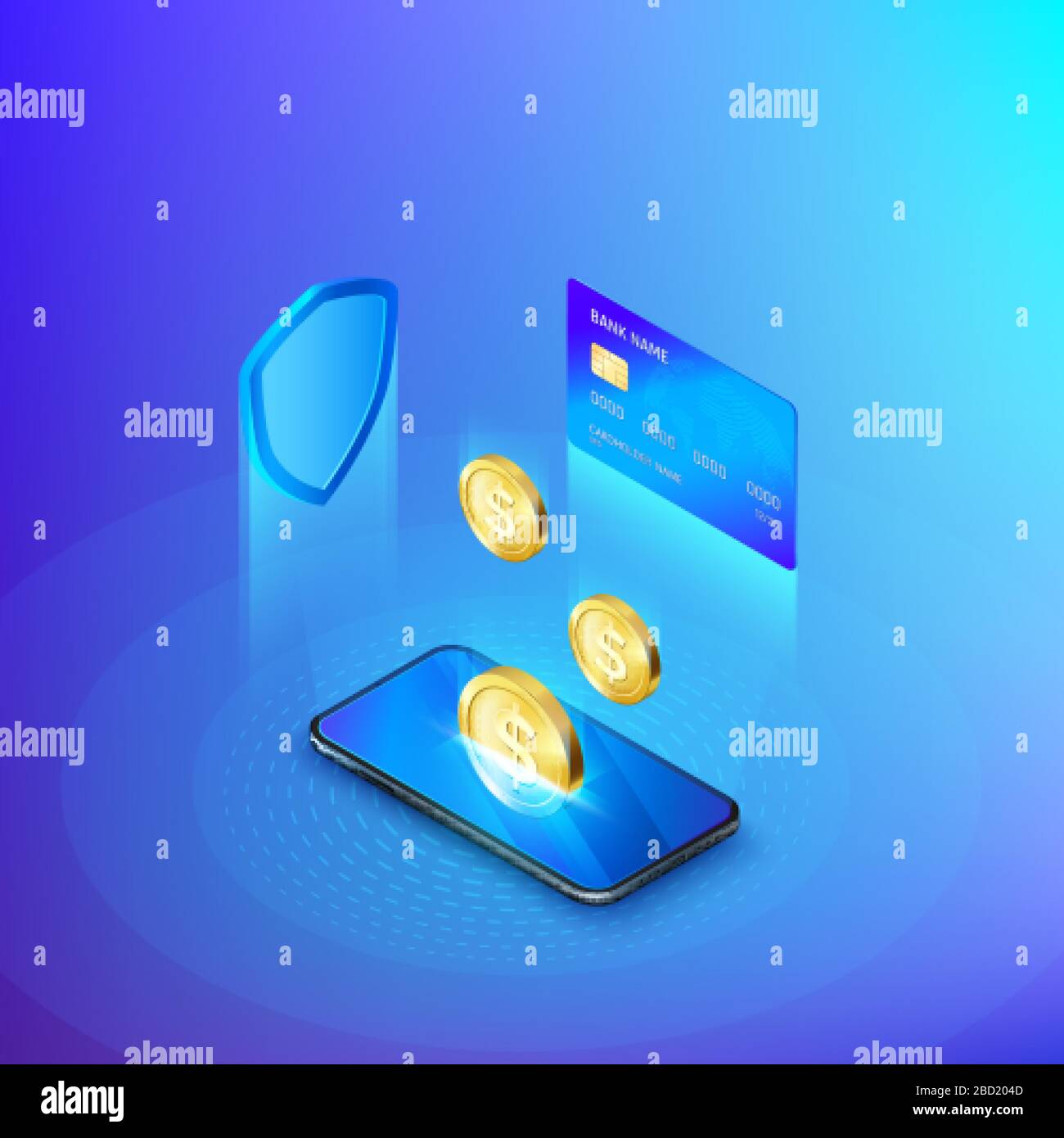 Mobile phone and falling gold coin credit card and shield concept of banking online or deposit money isometric banner. Security of banking account or Stock Vector