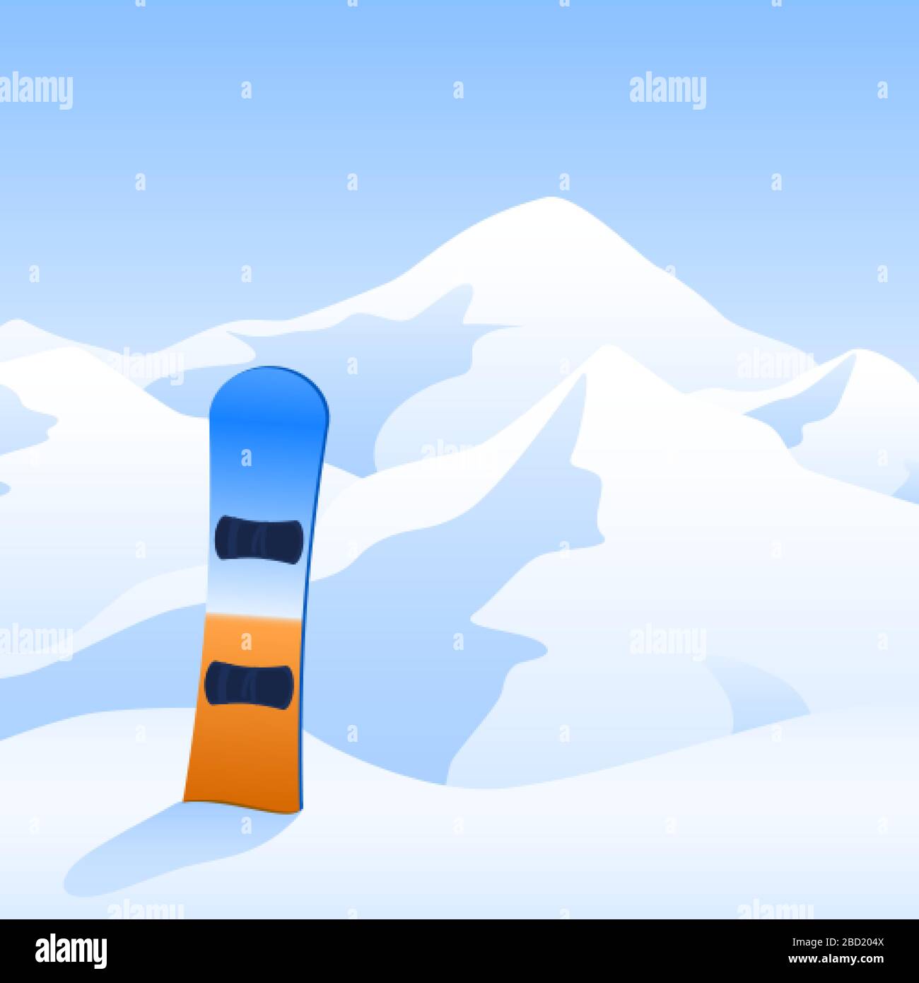 Ski resort. Snowboard on hillside and mountain landscape. Extreme tourism banner. Vector illustration Stock Vector
