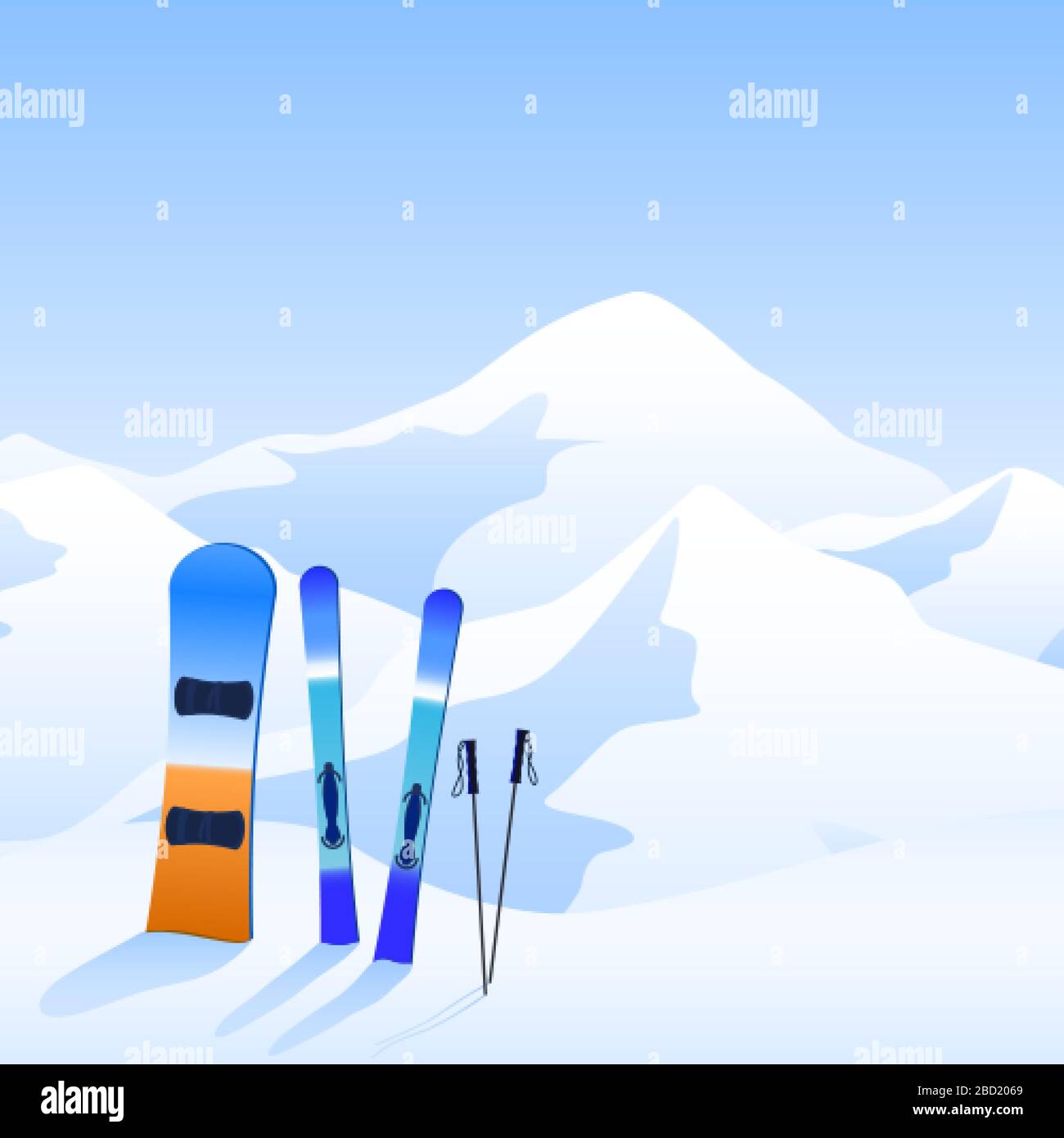 Ski resort. Extreme activity banner. Skiing and snowboard on hillside and mauntins landscape. Vector Stock Vector