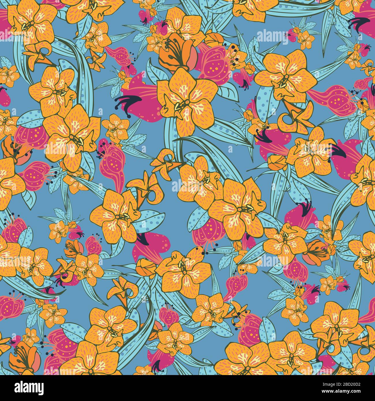 bright orchids floral tropical seamless vector pattern Stock Vector