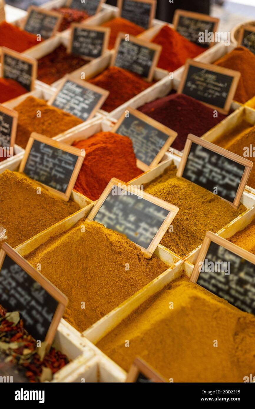 Variety of spices on the market Antibes France Stock Photo Alamy