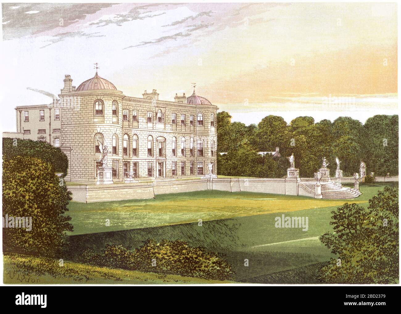 A coloured illustration of Powerscourt House near Enniskerry, Ireland scanned at high resolution from a book printed in 1870.  Believed copyright free Stock Photo
