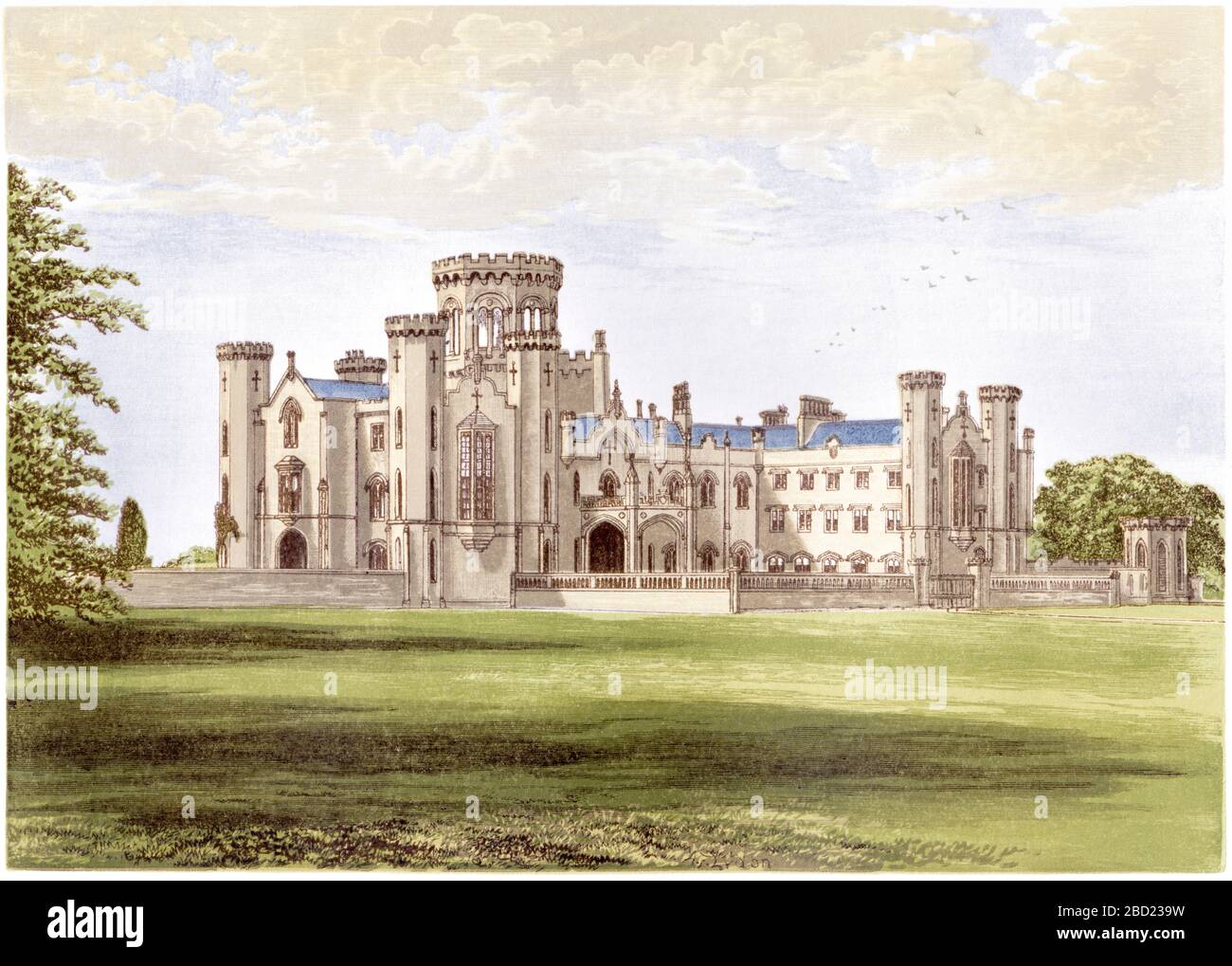 A coloured illustration of Studley Castle, Warwickshire scanned at high resolution from a book printed in 1870.  Believed copyright free. Stock Photo