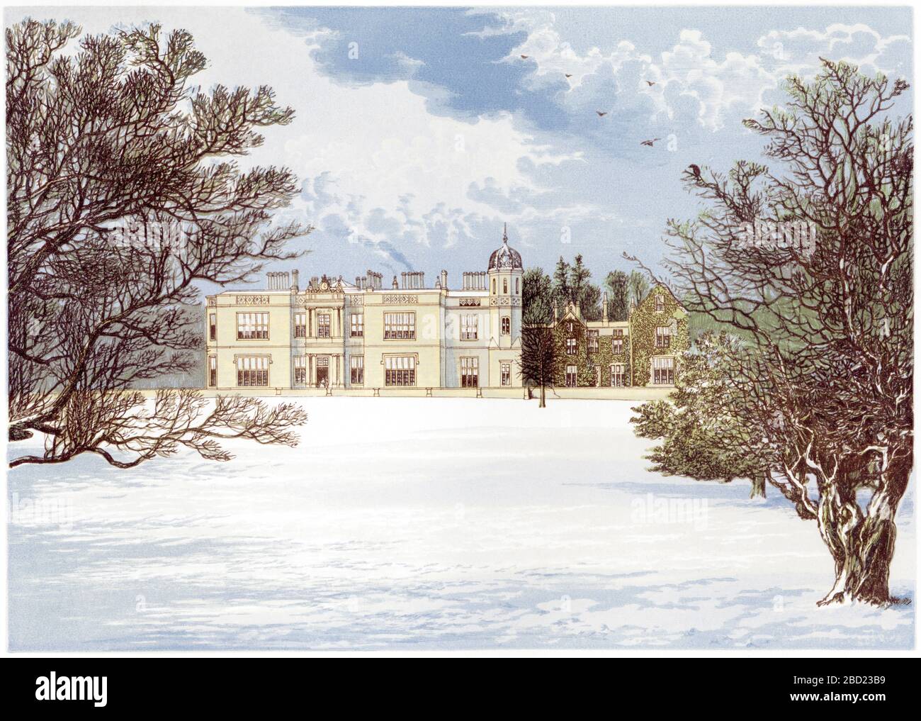 A coloured illustration of Eshton Hall near Skipton, Yorkshire scanned at high resolution from a book printed in 1870.  Believed copyright free. Stock Photo