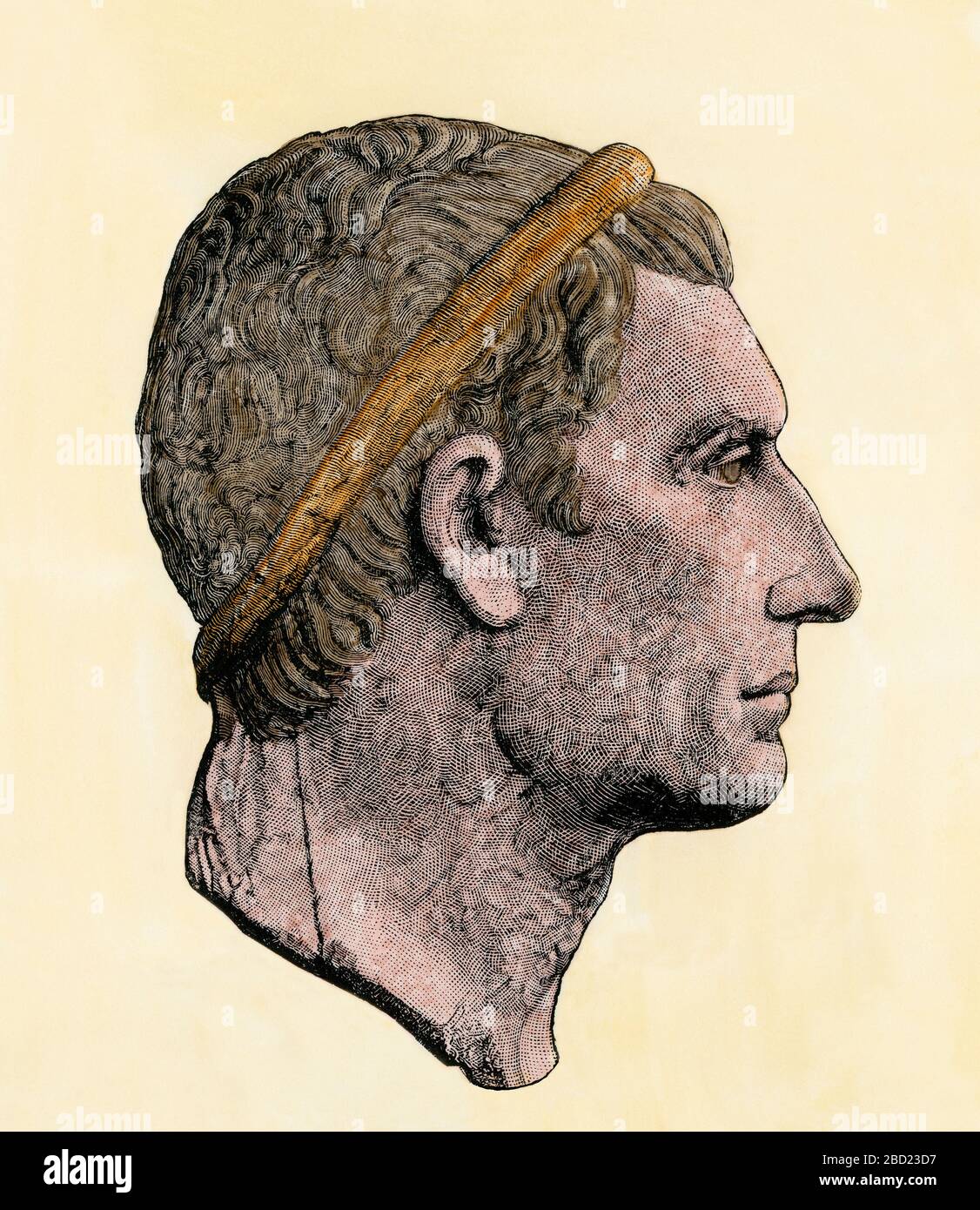 Julius Caesar profile. Hand-colored woodcut of a bust in the Louvre Stock Photo