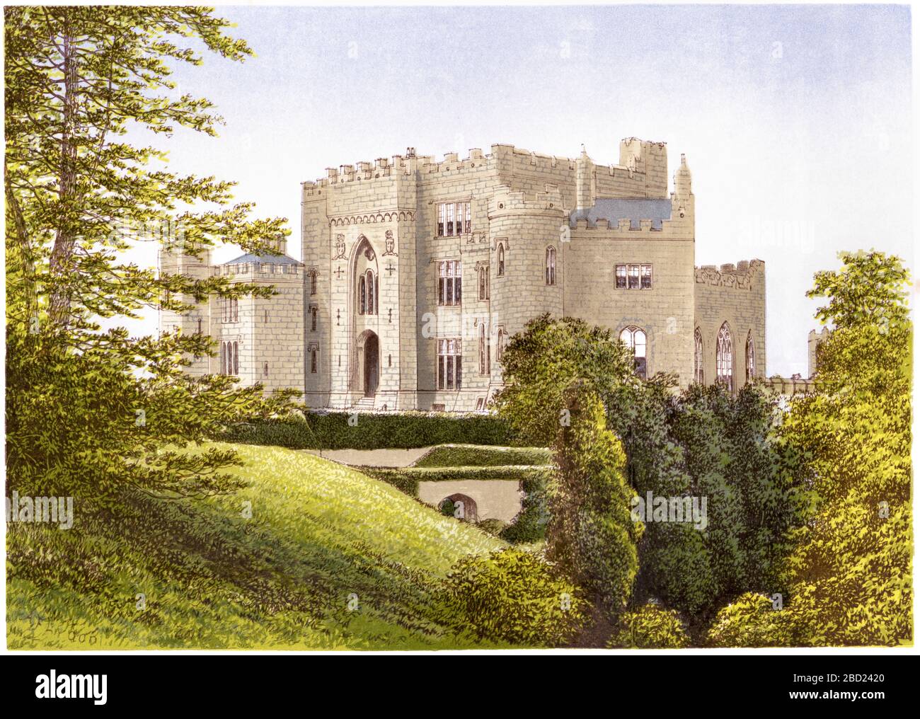 A coloured illustration of Birr Castle, Parsonstown, Ireland scanned at high resolution from a book printed in 1870. Believed copyright free. Stock Photo