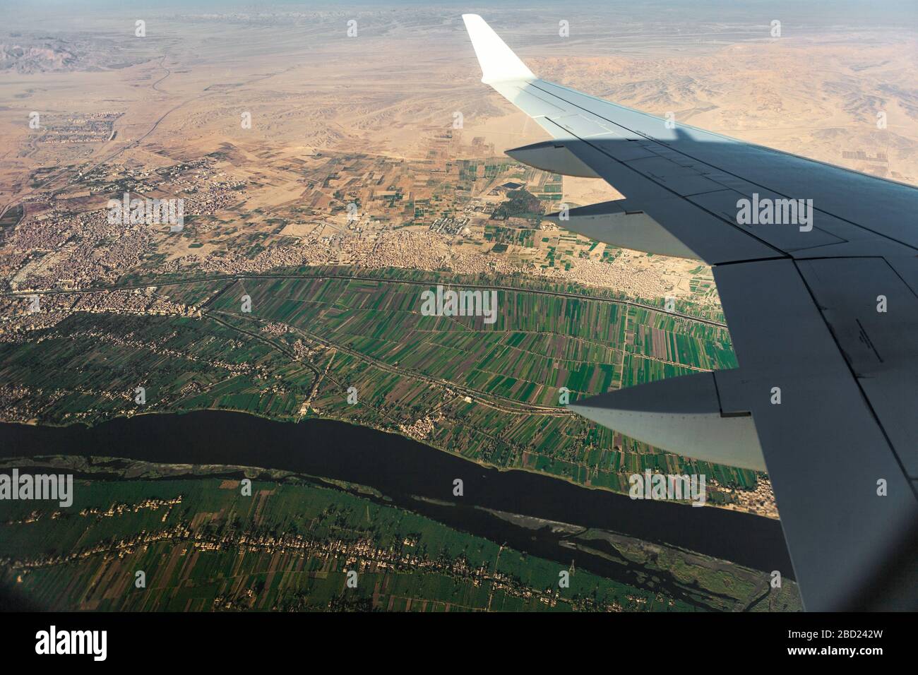 Aerial view of the River Nile and green vegetation along its banks in the Eastern Desert, near Luxor, Egypt Stock Photo